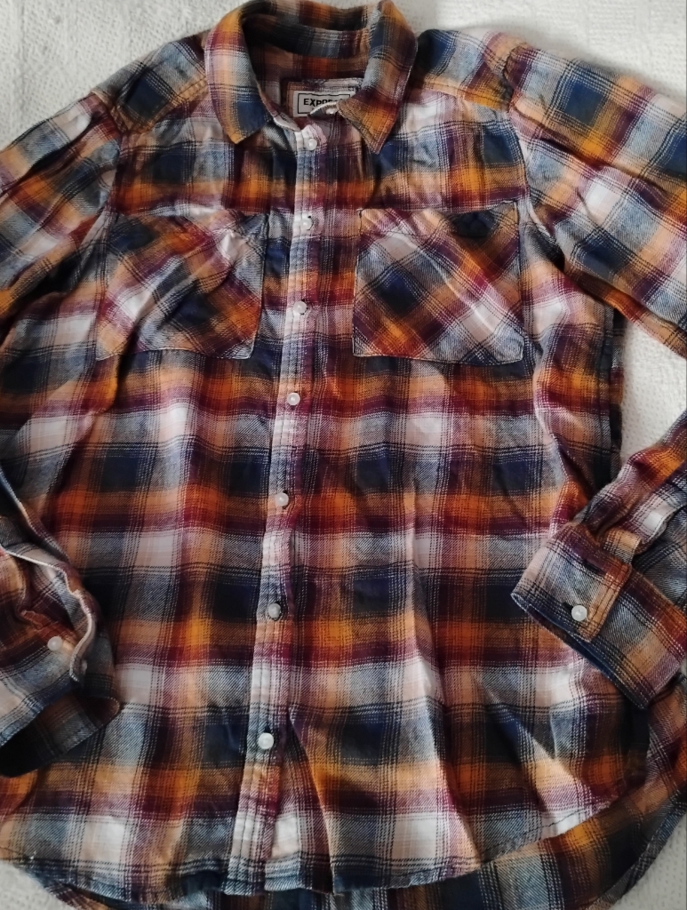 Express Boyfriend Plaid Button-Down Shirt in Navy, Orange & White